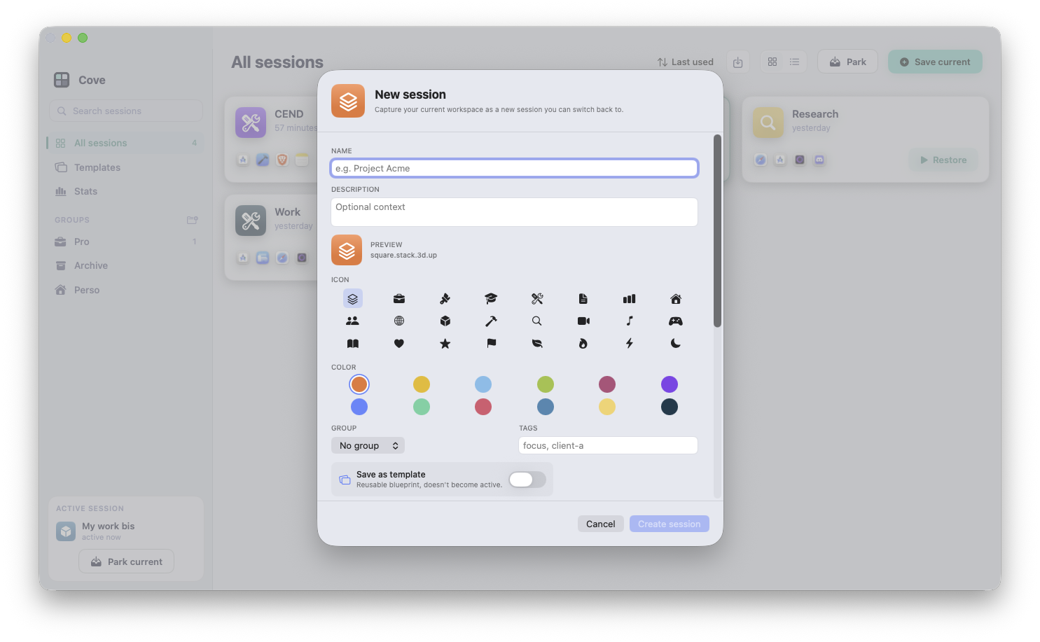 Cove create session screen