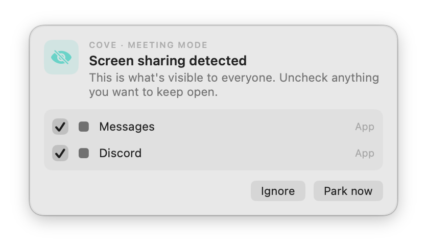 Cove Meeting Mode prompt