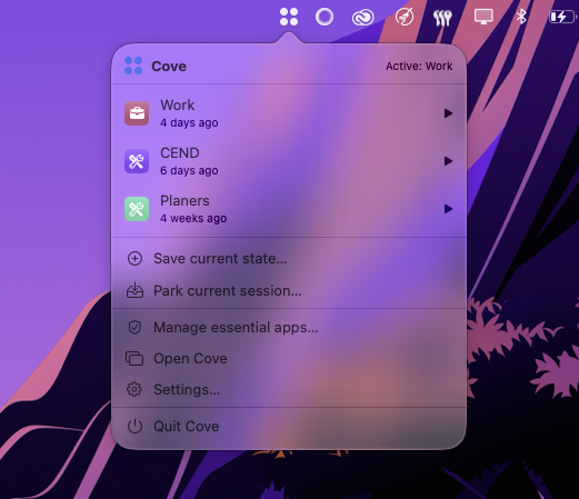 Cove menu bar popover