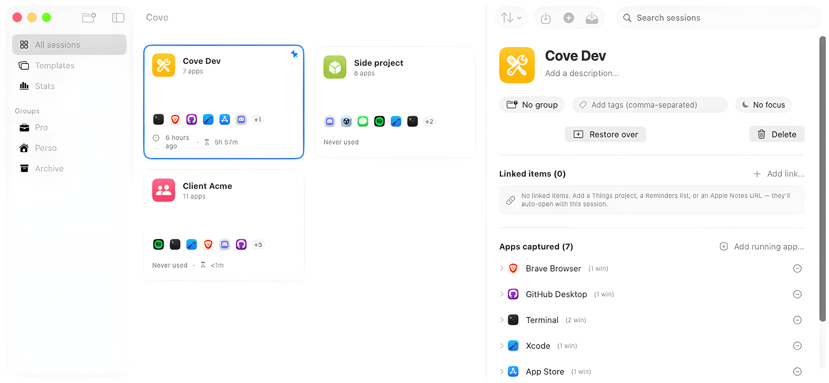 Cove for Mac — main window showing the session grid and detail panel